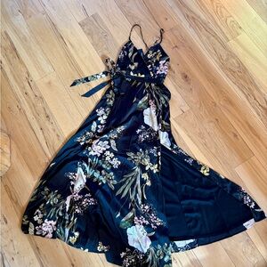 Lulu's Black Floral Wrap Maxi Dress with Spaghetti Straps